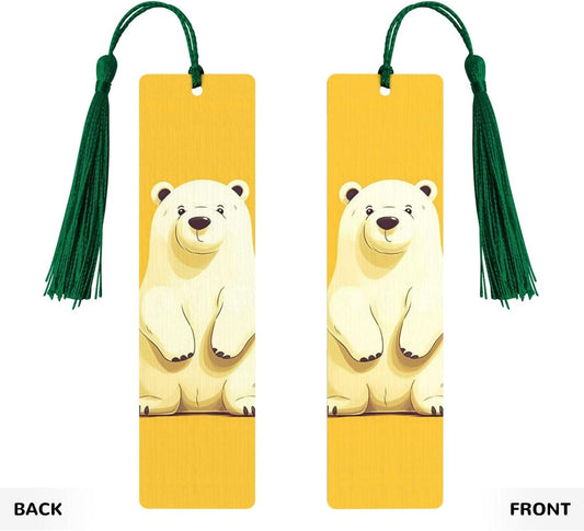 Cute Cartoon Polar Bear Bookmarks Gifts for Women Men, Wooden Bookmarks for Book Lovers, Vintage Book Marks Ornaments with Tassel, Unique Personalized Reading Page Markers Dark Green