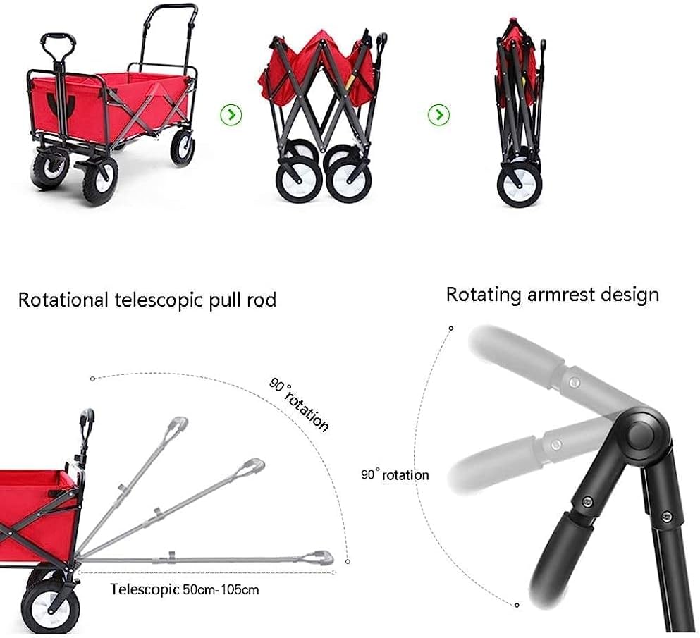 Handcart, Household Folding Garden Trolley Cart Heavy Duty Wagon with Canopy Multi-Function Shopping Cart for Outdoor Camping Beach Pull Truck with 4 Wheels, Load 80Kg