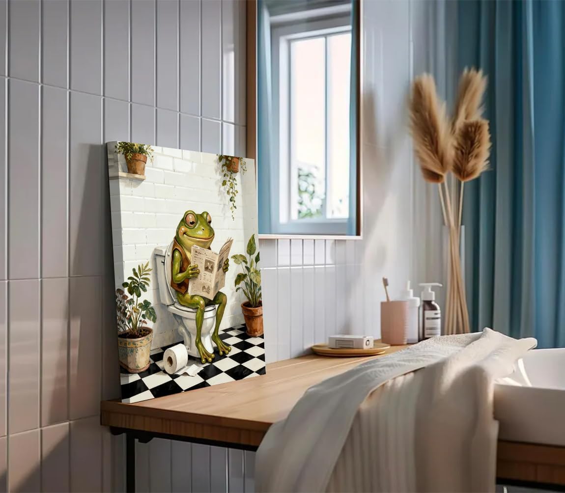 Funny Frog Bathroom Wall Art Prints,Bathroom Decor Wall Art Frog on Toilet Reading Newspaper Canvas Painting,Framed Animal Art Pictures For Bathroom Washroom Restroom Decor(12"X16")