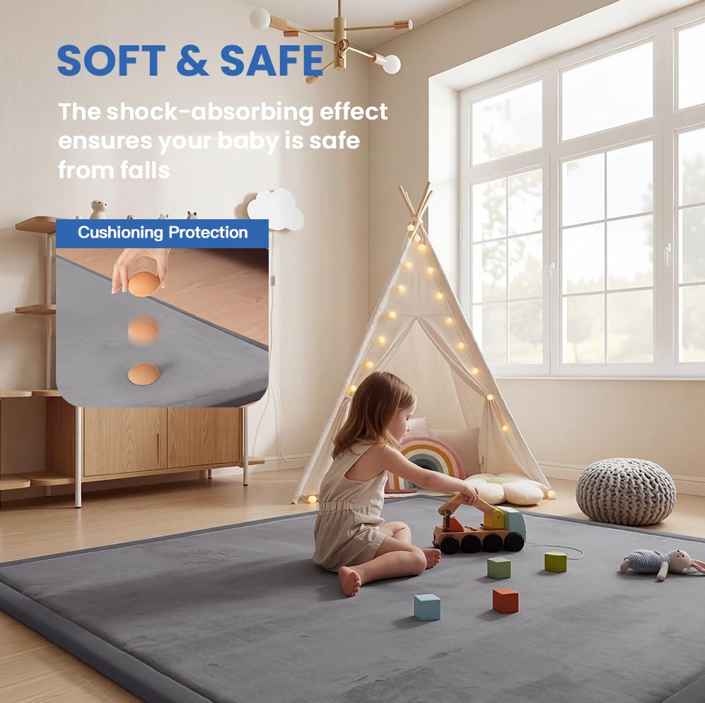 Ultra Soft Baby Play Mat for Floor,1.3" Thick Elasti-Foam 50x50 Playpen Mat for Toddlers Infant kids,Non-Slip Backing Safe for Crawling&Tummy Time,Tatami Style (Dark Grey)