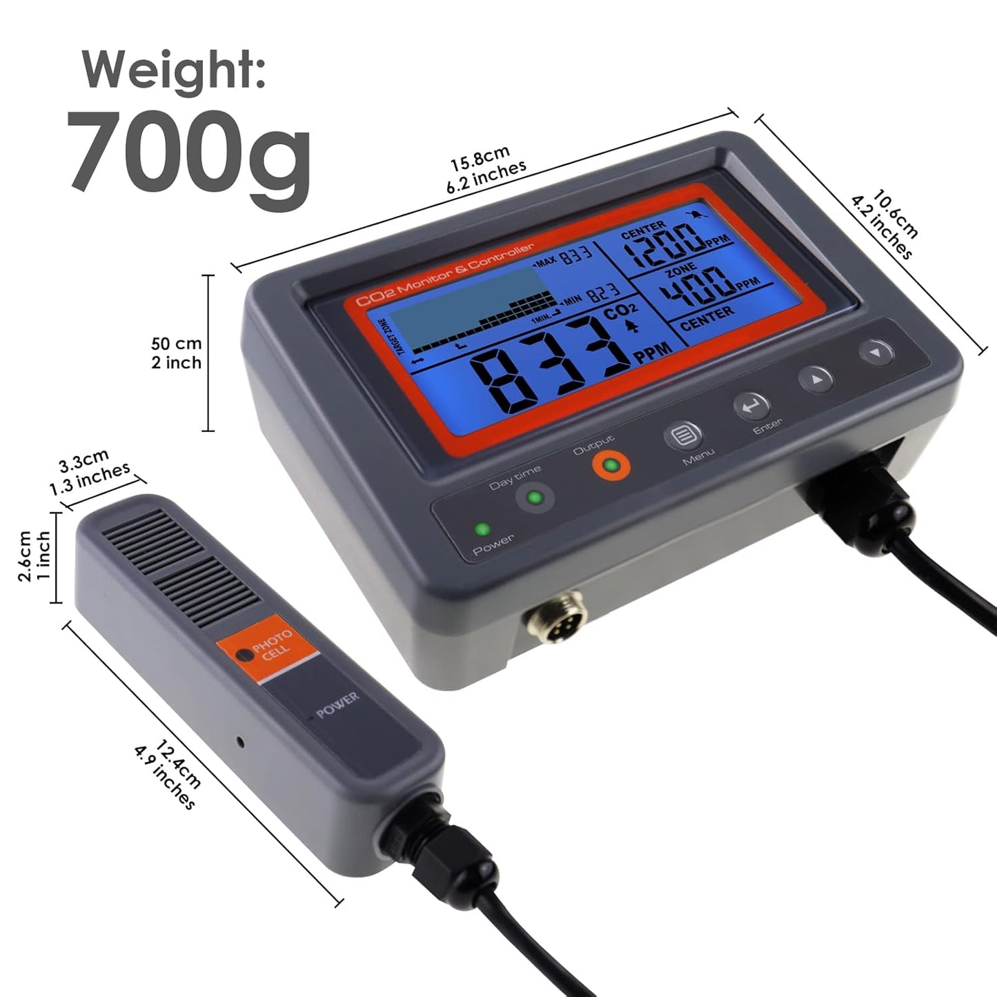 CO2 Controller Carbon Dioxide Controller CO2 Meter Monitor with Relay Function 4.5m Cable NDIR Carbon Dioxide Sensor Probe for Grow Room, Plant, Grow Tent, Greenhouse, Garden, Indoor