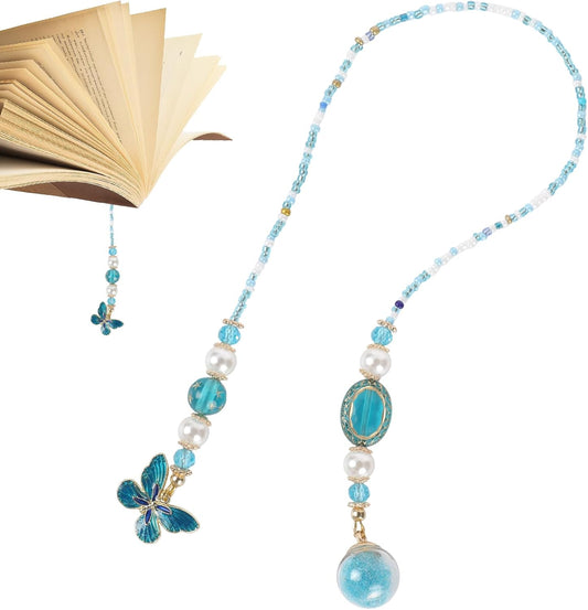 Blue Butterfly Beaded Bookmark - Fantasy Crystal Bead Gold Chain Fantasy Bookmark, Butterfly Aesthetics Pendant, Book Marks Gifts for Books Lovers Students Teacher Office School Supplies