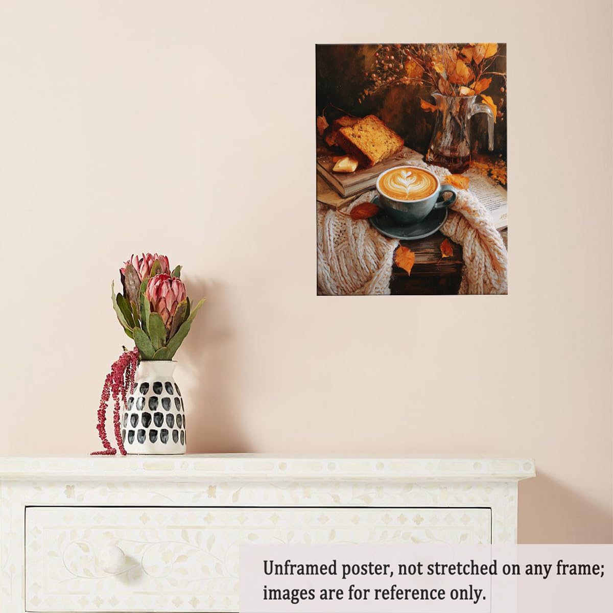 Autumn Coffee Still Life Wall Art – Cozy Fall Latte and Sweater Canvas Print with Bread, Leaves, and Books for Seasonal Kitchen or Reading Nook Decor-12x16Inch Ready to Hang (Unframed)