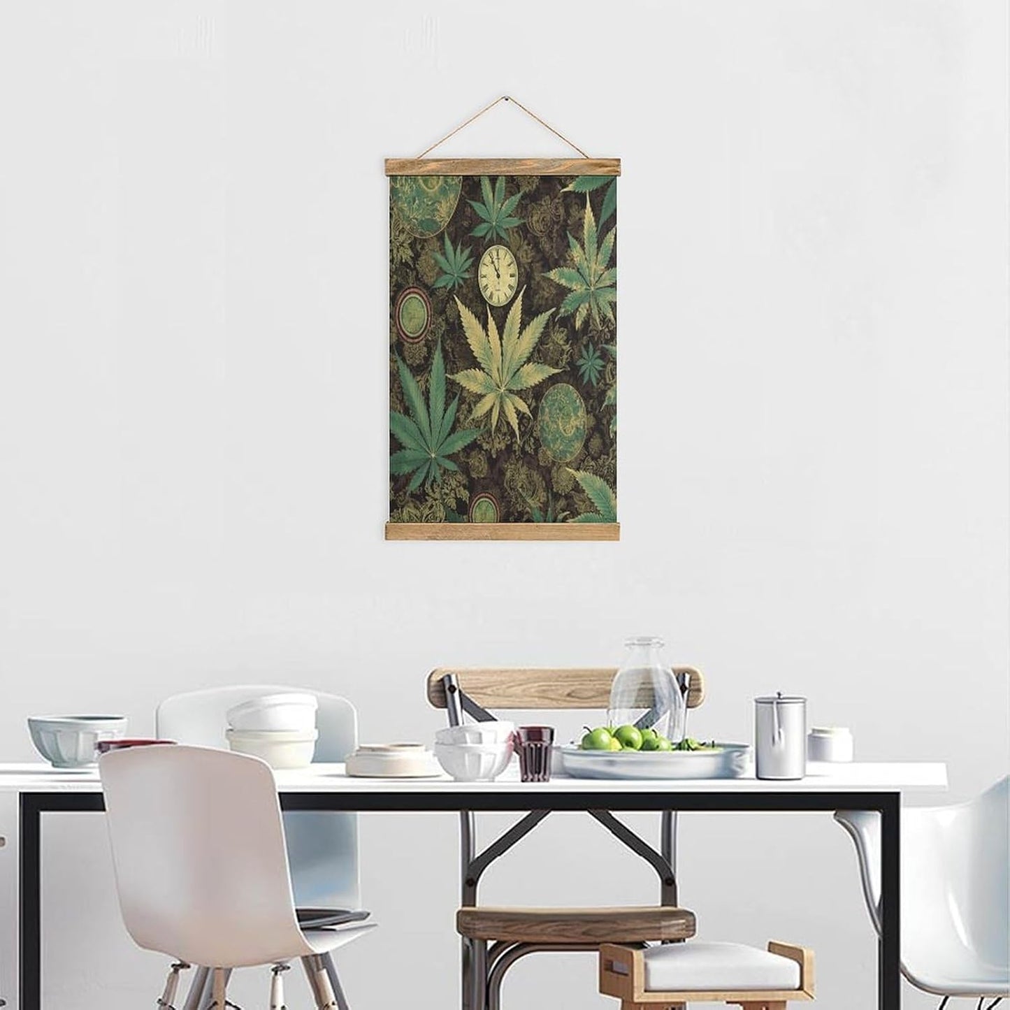 Vintage A Puff in Time Weed Marijuana Poster with Wooden Frame Personalized Linen Hanging Scroll Painting Rustic Wall Hanging Illustrative Modern Artwork Decor for Home Living Room Bedroom Office