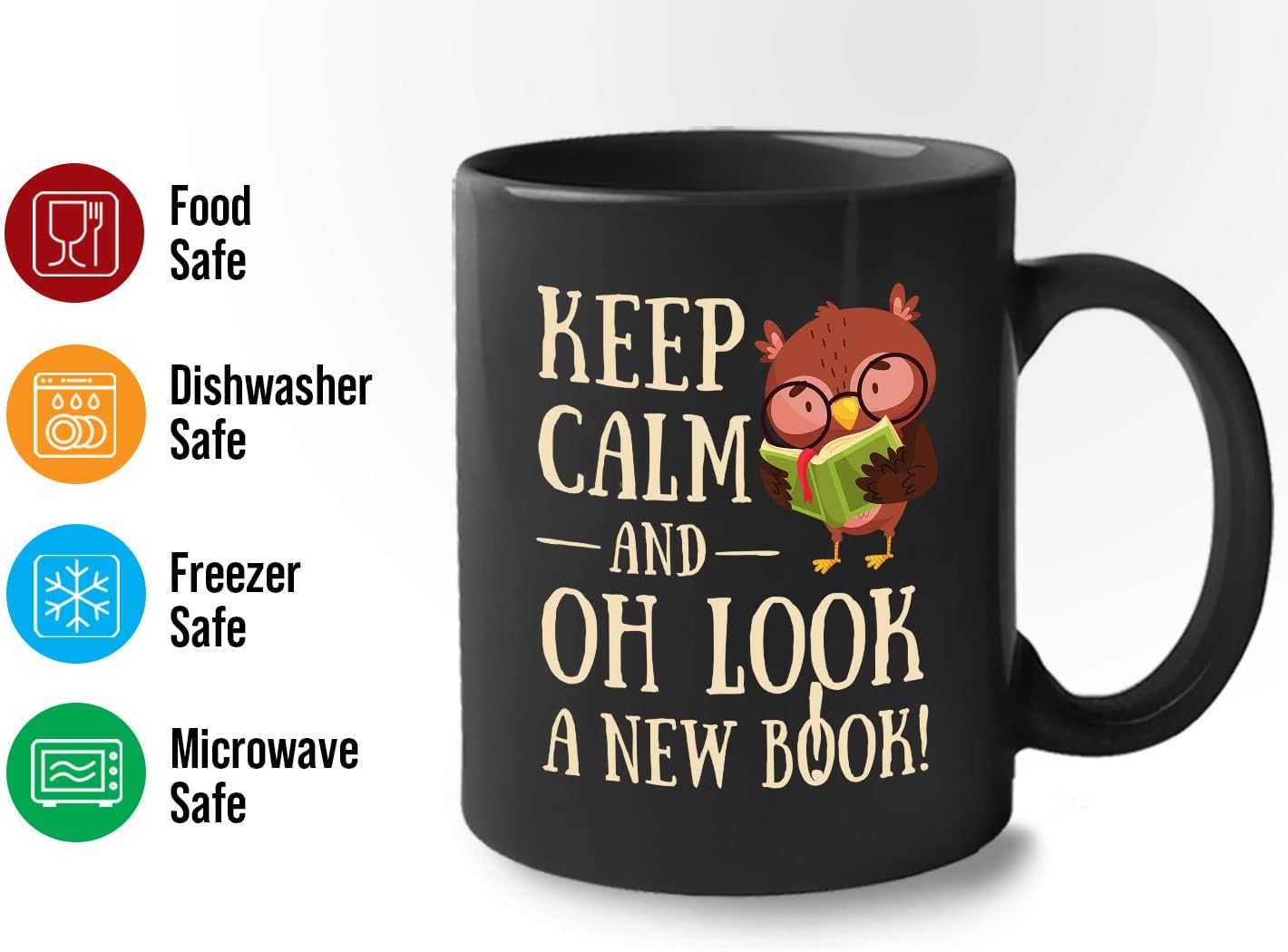Bubble Hugs Book Lover Coffee Mug 11oz Black - Keep Calm and Oh New Book - Reading Owl Reader Stack of Books Lover Bookish Novelist Librarian Writer