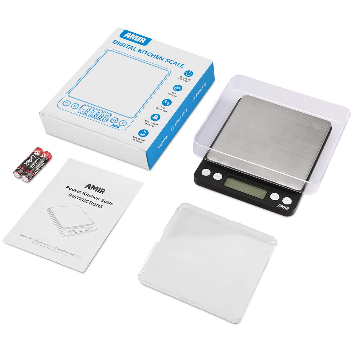 AMIR Digital Kitchen Scale, 500g/0.01g Mini Pocket Jewelry Scale, Cooking Food Scale with Backlit LCD Display, 2 Trays, 6 Units, Auto Off, Tare, PCS Function, Stainless Steel, Battery Included, Black