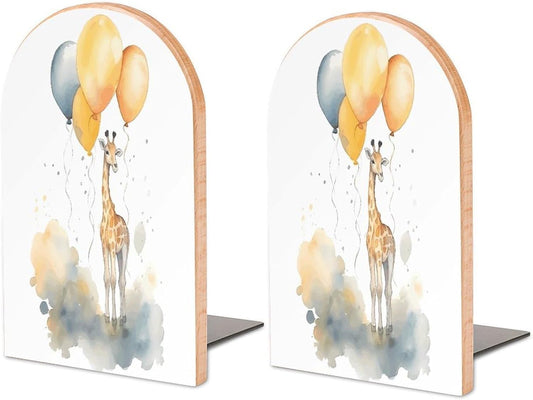 Non-Slip Bookend for Shelves Hand Drawn Giraffe Wooden Bookends with Metal Base Decorative Book Stopper for Home Heavy Duty Wood Book Storage for Books/CDs