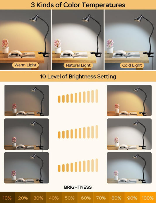 Clip on Light USB Reading Light 3 Color Modes 10 Brightness Levels Eye Care Clamp Light Flexible Gooseneck Dimmable Reading Lamp Clip on Lamp for Bed Headboard Desk Bedside Dorm (Black)