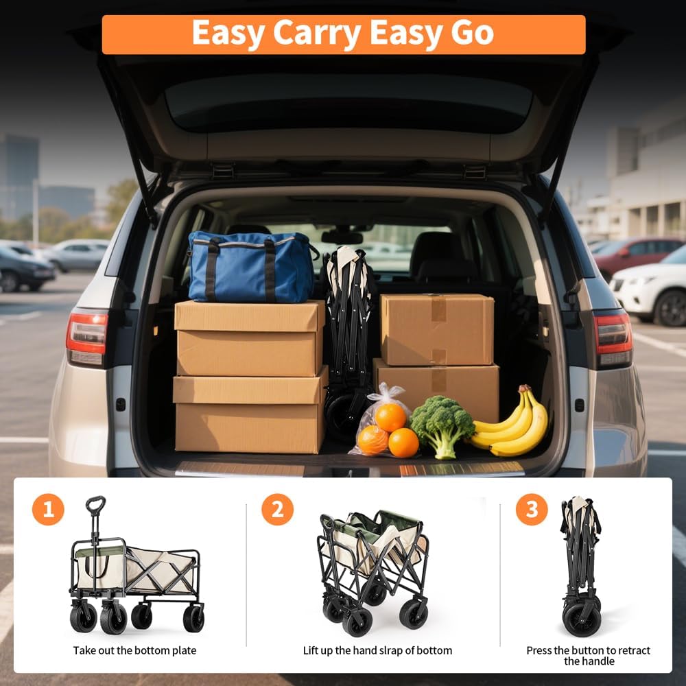 Heavy-Duty Camping Wagon Cart, 150L Extra Large Collapsible Utility Wagon with 440 lbs Capacity, 6.5" Solid Rubber All-Terrain Wheels, Dual Step-On Brakes, Adjustable Auto-Return Handle, Beige & Green