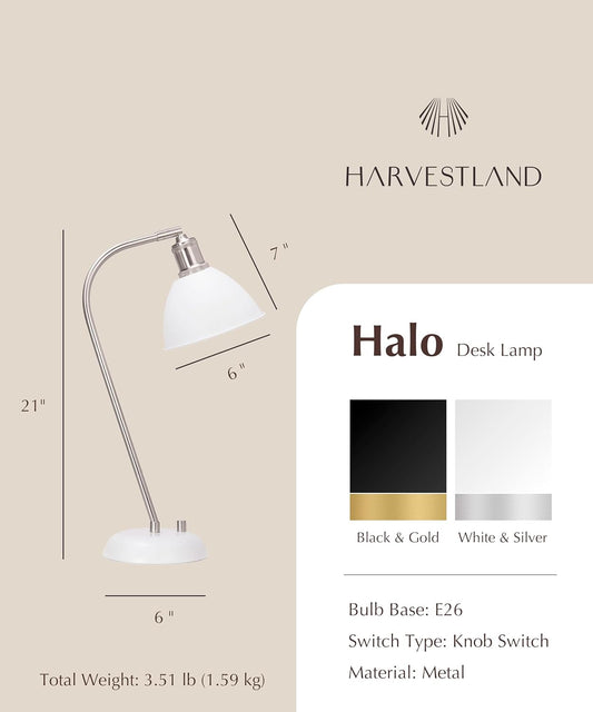 HarvestLand Halo Silver White Adjustable Desk Lamp – Reading Lamp, Pharmacy Style Metal Desk Lamp, Industrial Table Lamp with Solid Base for Bedside Table, Task Lamp Home Office, Best Gifts
