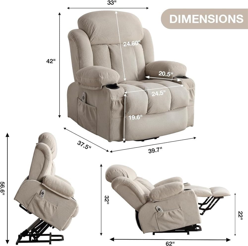 Electric Lift Recliner Chair for Elderly Sofa with Massage and Heat Comfortable Home Theater Seating Ergonomic Single Lounge Chairs for Living Room with Cup Holders and Side Pocket