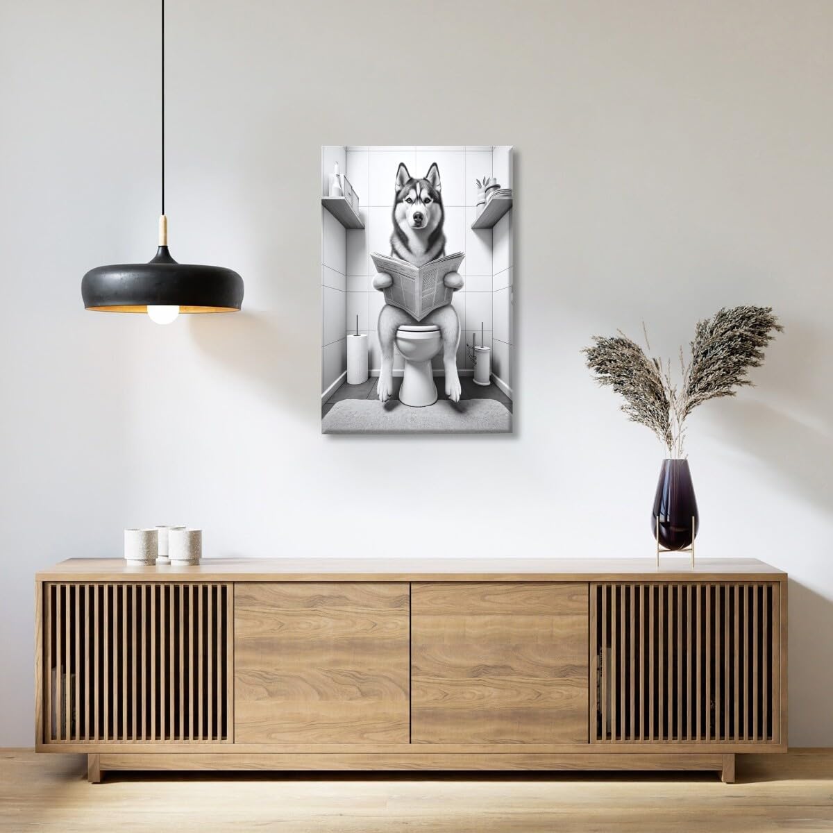 Siberian Husky on the Toilet Reading Newspaper Canvas Print Funny Animal Artwork Prints Aesthetic Posters Home Decor Bathroom Art Wall Decor Unframed12x18inch