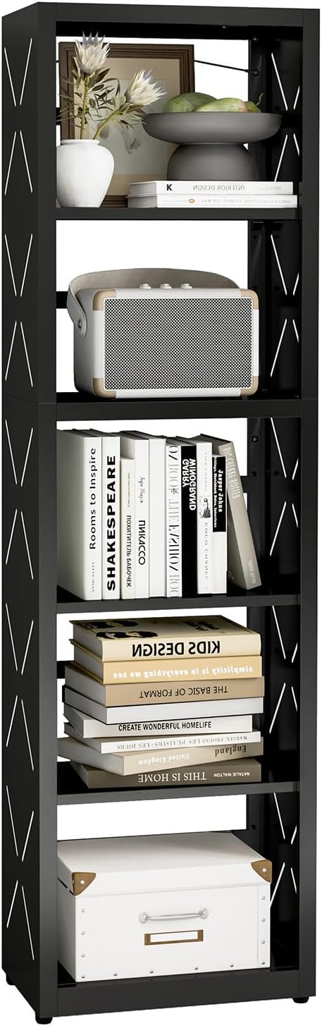 5-Tier Bookshelf, Metal Bookcase with Adjustable Shelves for Home Office, Kitchen and Garage, Modern Corner Tall Shelves with Anti-Tip Kit & Leveling Feet, Heavy-Duty Display Storage Organizer (Black)