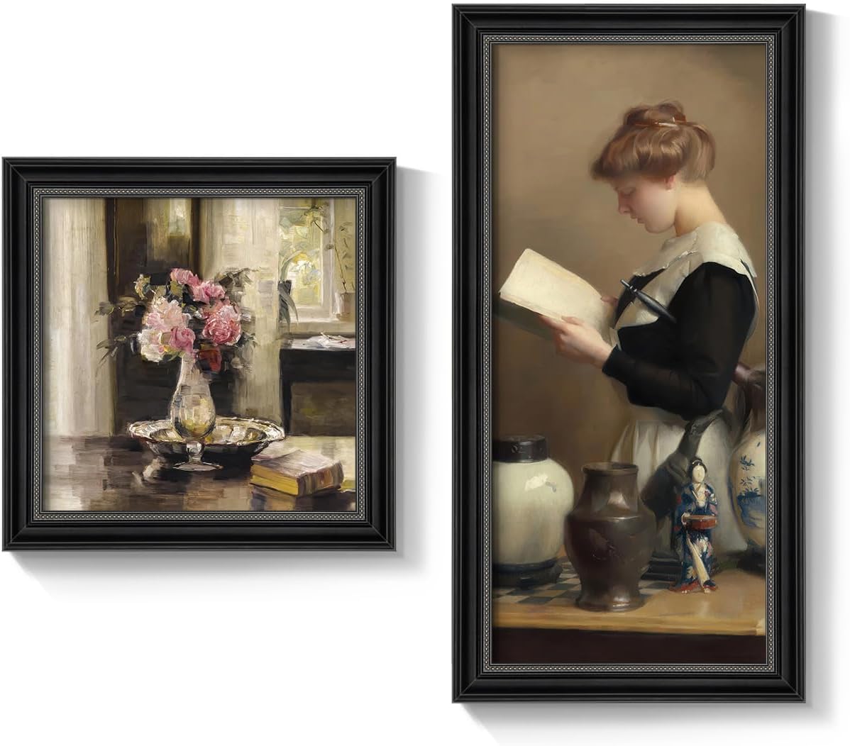 Framed Vintage Wall Art for Bedroom, 2 Piece Neutral Mid Century Modern Aesthetic Canvas Painting Prints, Victorian French Country Floral Woman Peaceful Portrait Artwork for Office Dining Room Decor