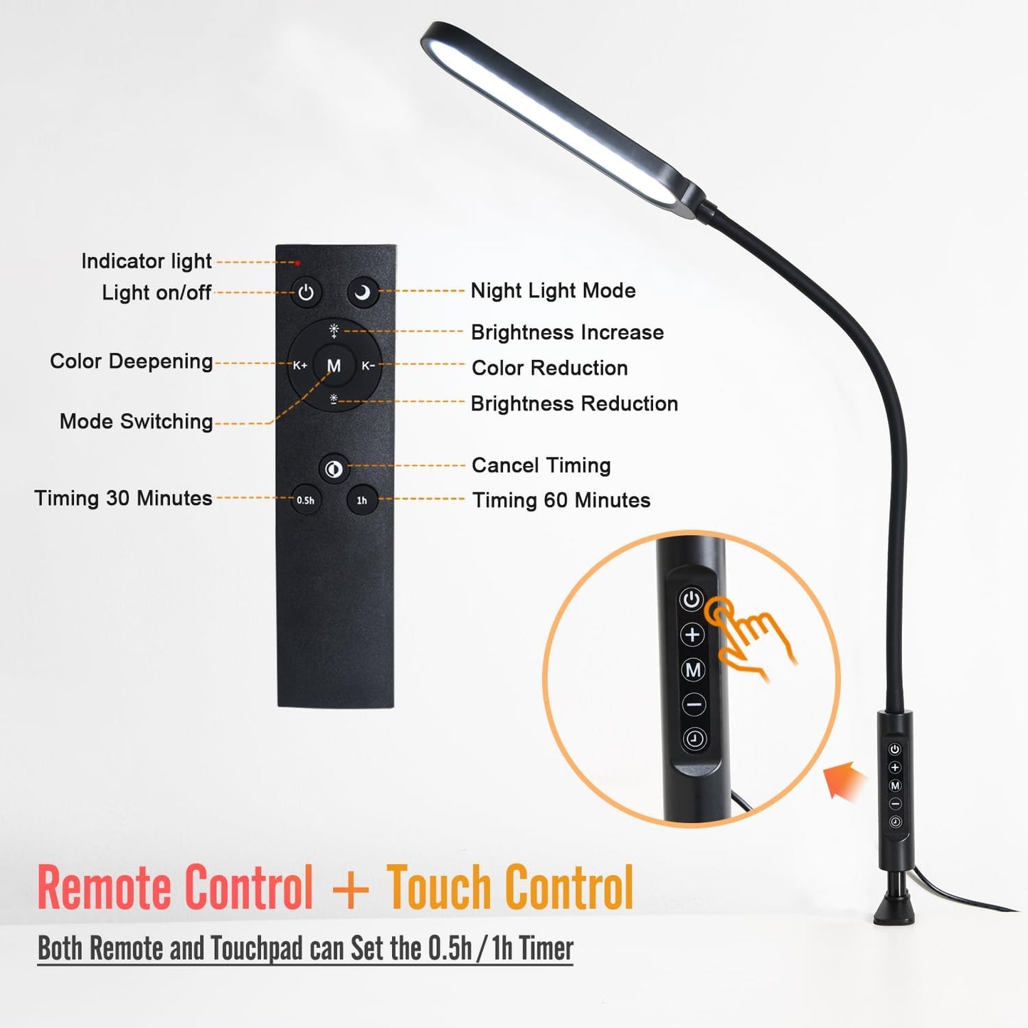 Clamp Lamp, Ultra Bright Clip on Light, CRI>95,18W, 3000 LMS, 3 Color Modes, Soft Touch Control with Timer, Eye-Caring Task Lamp with Remote for Reading, Home, Office (Adapter Included)