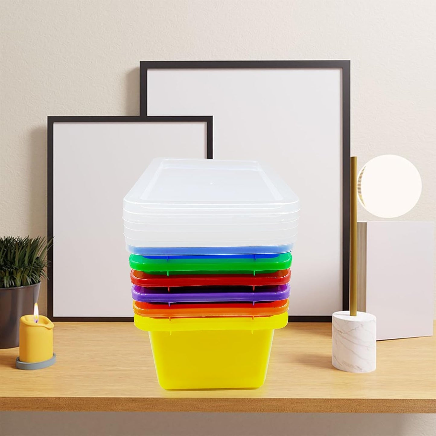 6 Pack Colored Bins with Lids, 5 Qt Plastic Cubby Bins Storage Bins Stackable Toy Bins Organizer for Classroom, Home
