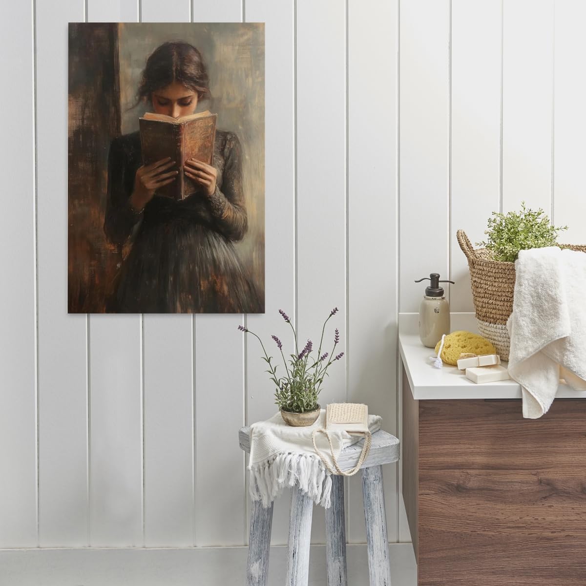 Vintage reading posters Library Book Wall Art Print Victorian Woman Reading Bookish Aesthetic poster Unique Neutral Art reading Decor Dark Academia bookish Room Wall Decor Framed12x16inch
