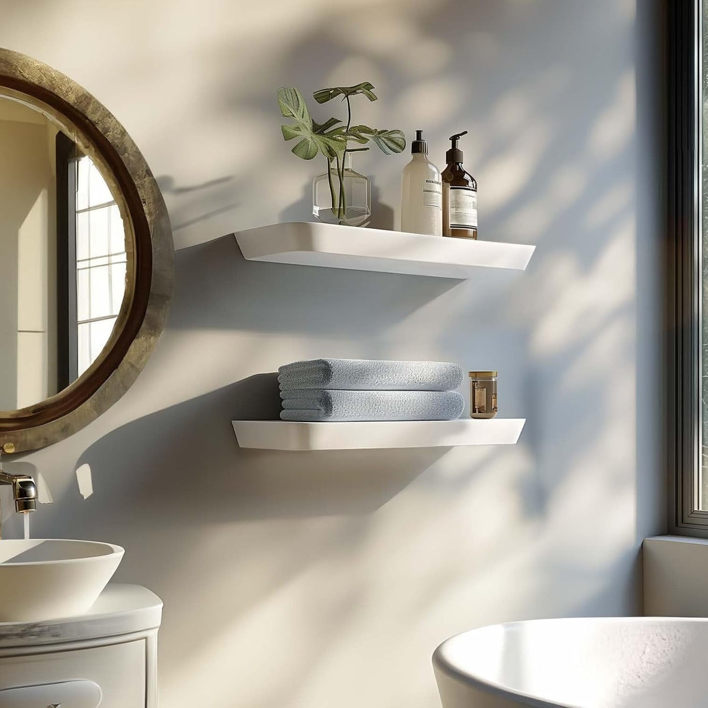 Wood White Floating Shelves for Wall 16 Inch (Set of 2) - White Bathroom Shelves - Small Wall Mounted Shelf for Bedroom Kitchen Living Room - 8 inch Deep Heavy Duty Floating Wood Shelves