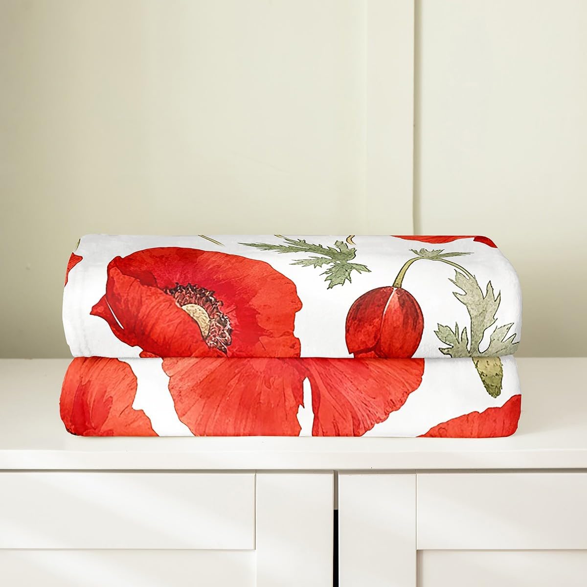 Feelyou Red Poppy Fuzzy Blanket Throw 50"x60" Floral Flower Blossom Printed Flannel Fleece Throw Blanket for Kids Boys Girls Decor Botanical All Season Bed Blanket Spring Garden Plush Blanket