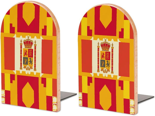 Spanish Flag Pattern Wooden Bookend Non-Slip Book Ends Heavy Duty Book Stopper with Metal Base Books Holderd Decorative Bookends Stands Firmly for Office Supplies