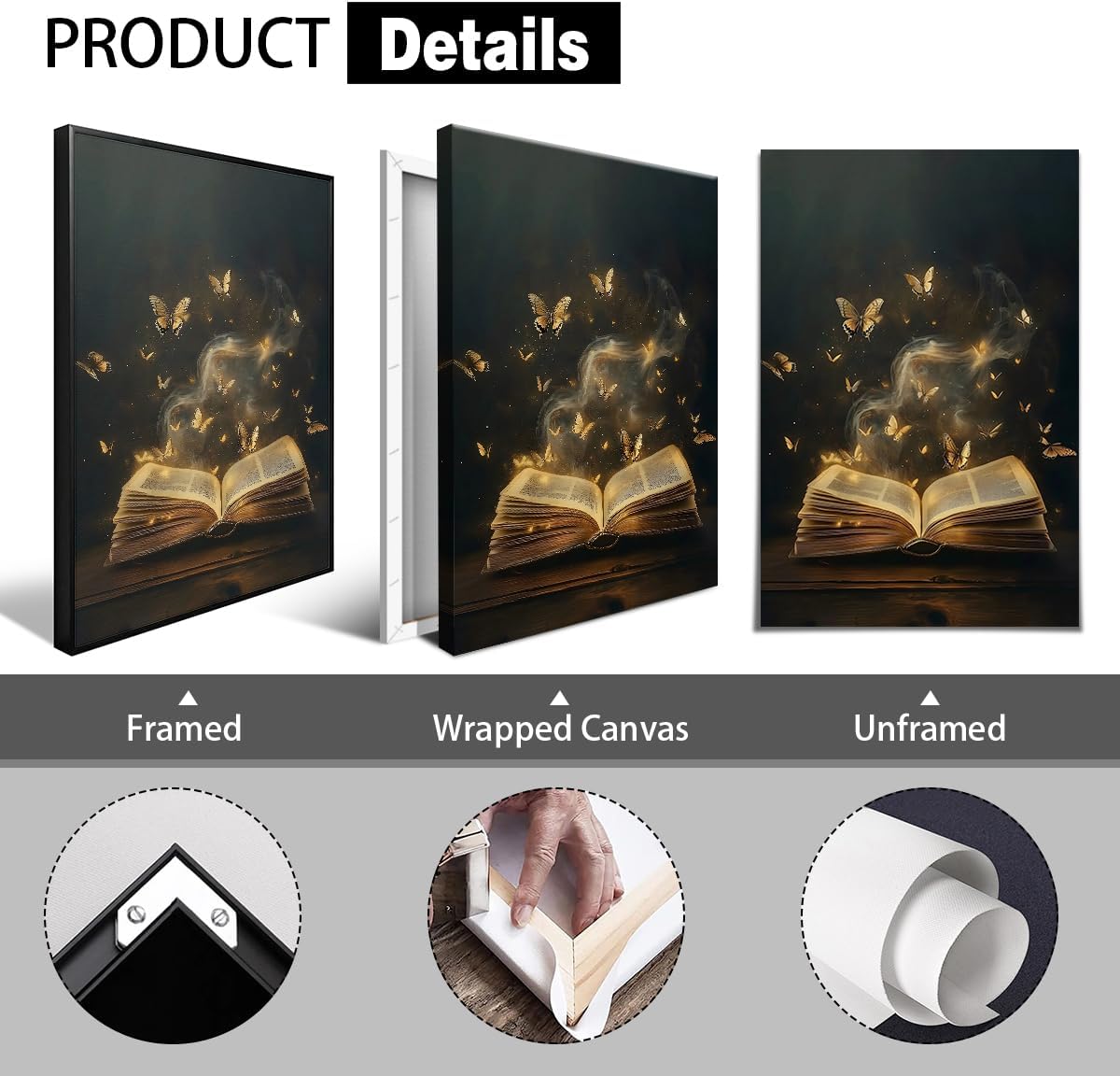 YOZWNGU Book Canvas Wall Art, Golden Butterflies and Open Book Aesthetic Poster, Dark Academia Library Reading Nook Print, Dark Romance Bookish Art Painting Gift for Read Lover 8x12in Unframed