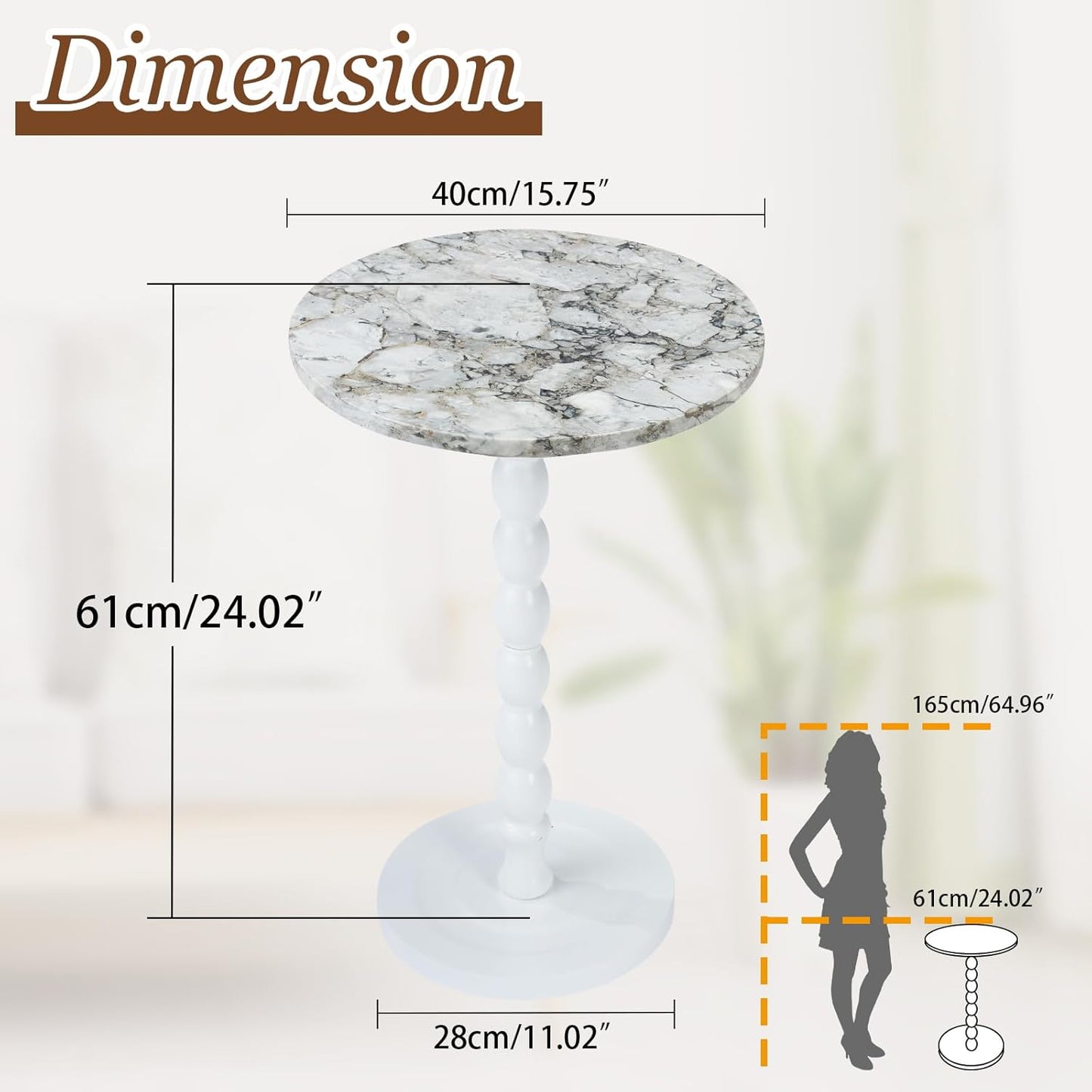 Round End Table, Modern Accent Table with Base, Marble Top & Solid Wood Legs for Living Room, Bedroom, Office (Pink,Big