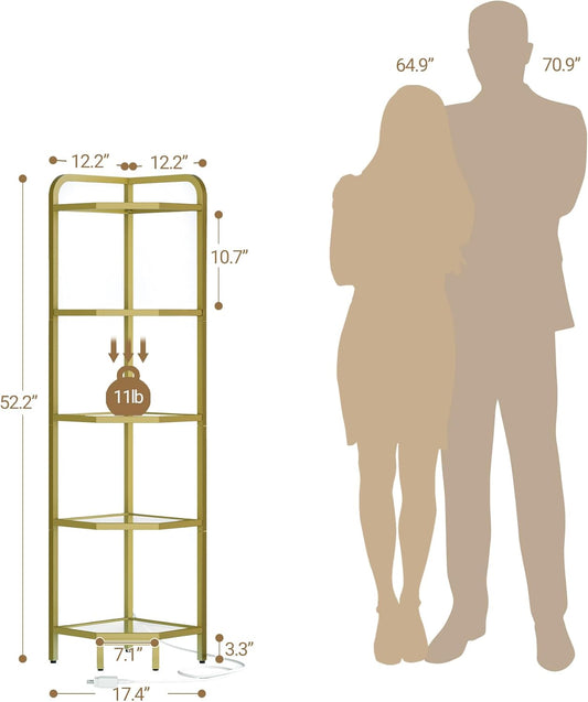 Corner Shelf with LED Lighting, 5-Tier Glass Bookshelf, Steel Frame, Tempered Glass, Modern Style Corner Shelf, Suitable for Living Room, Bedroom and Game Room, Gold CS09599G