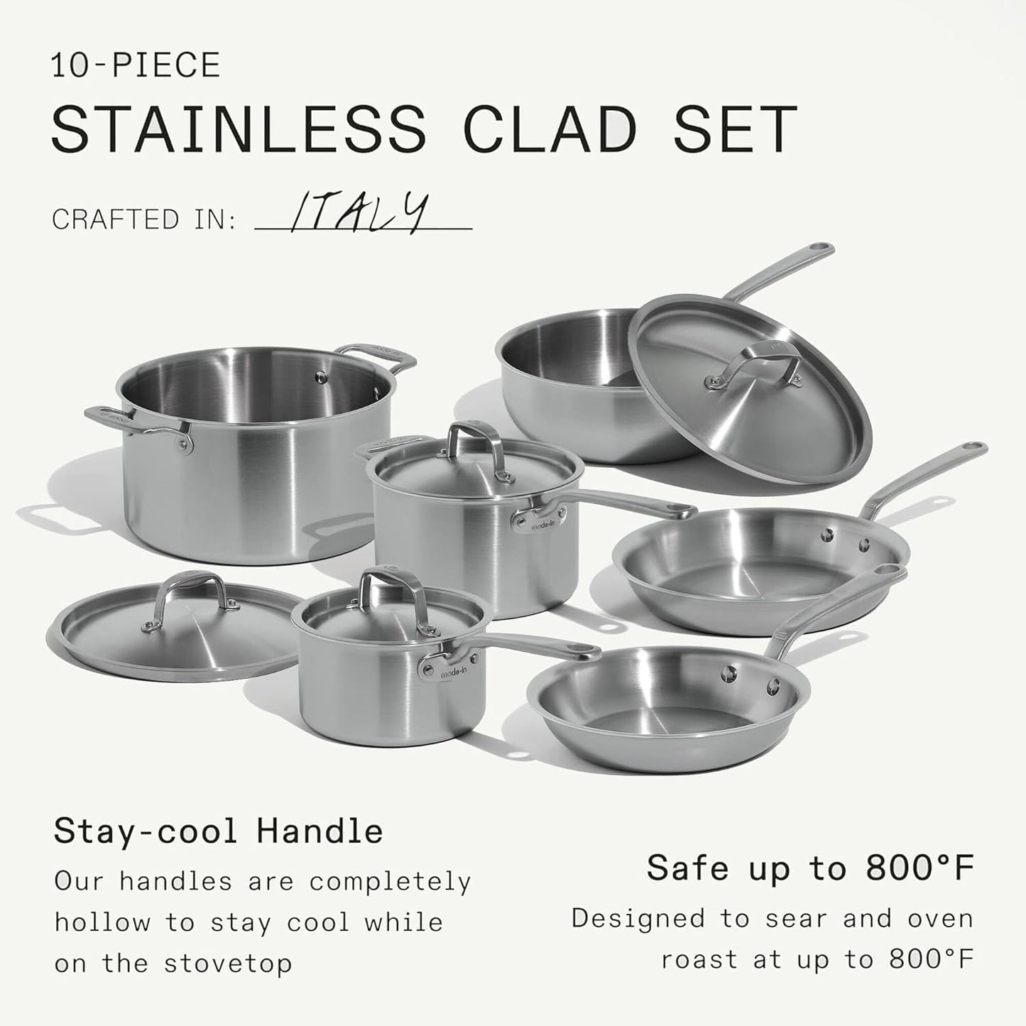Made In Cookware | 10 Piece Stainless Steel Pot and Pan Set | 5 Ply Clad - Includes Stainless Steel Frying Pans, Saucepans, Saucier and Stock Pot W/Lid | Professional Cookware | Crafted in Italy