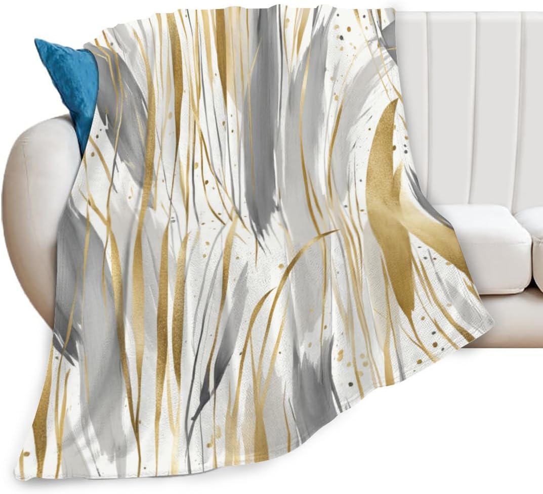 Decorative Throw Blanket for Couch Sofa Bed 50x60 – Soft Flannel Blanket Bedroom Living Room Watercolor Paint Strokes Pattern Abstract Gold Beige and Gray Print Design