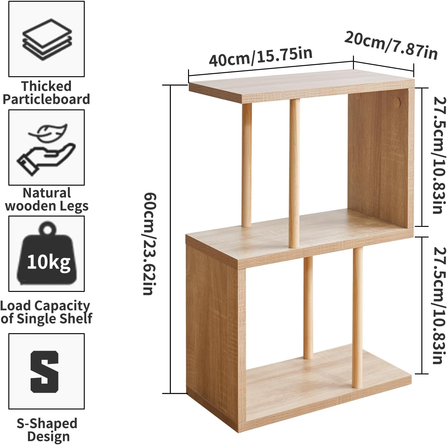 Narrow Side Table, S-Shaped Slim End Table Geometric Bookshelf, with Open Storage, for Small Space, Living Room, Bedroom, Oak Color YD-ST003R