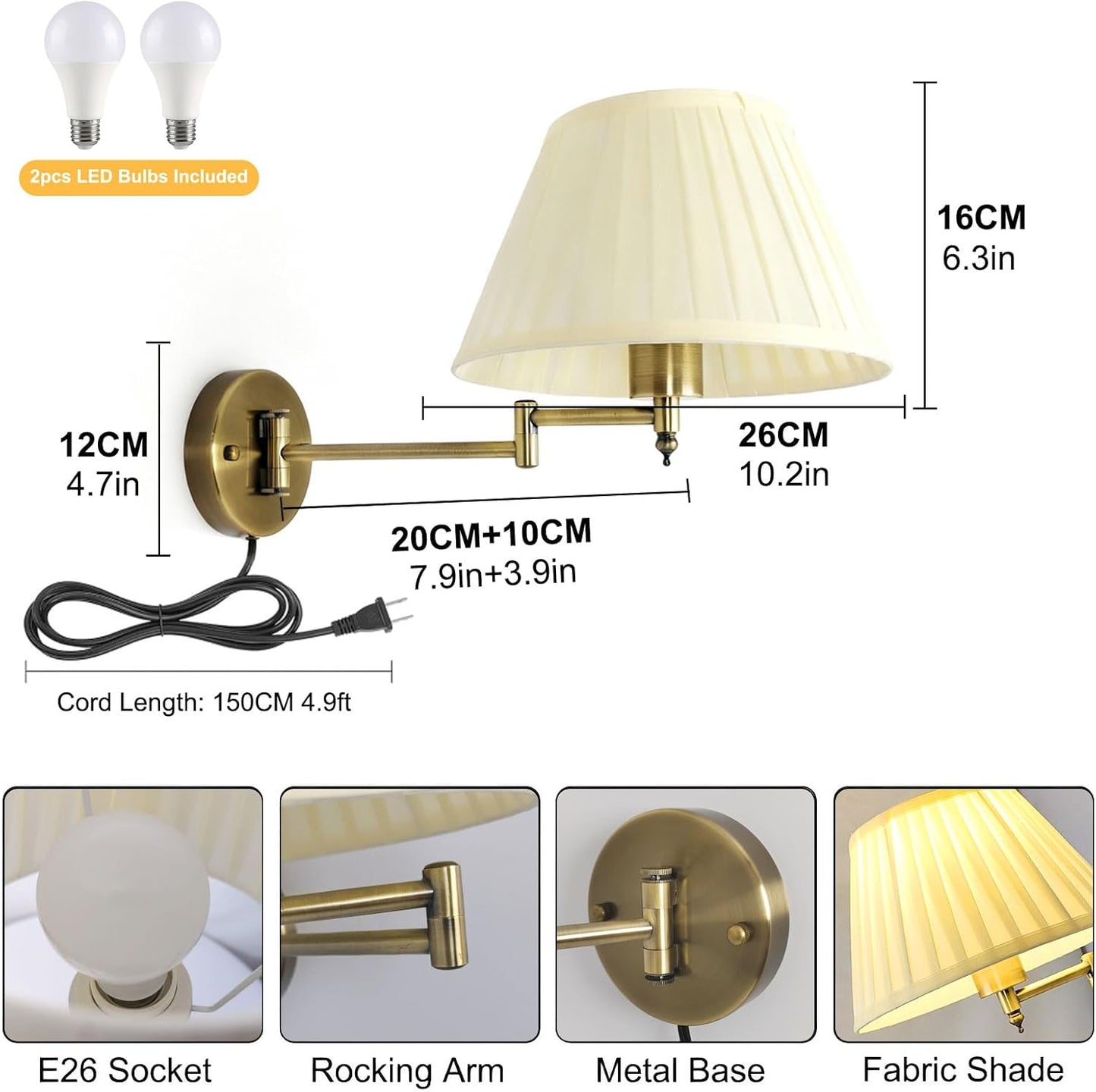 Indoor Wall Sconce Plug in Swing Arm Wall Lamp Bronze Wall Light Fixtures with Beige Fabric Shade Bedside Lights for Bedroom Hallway Study Room Living Room Reading Light