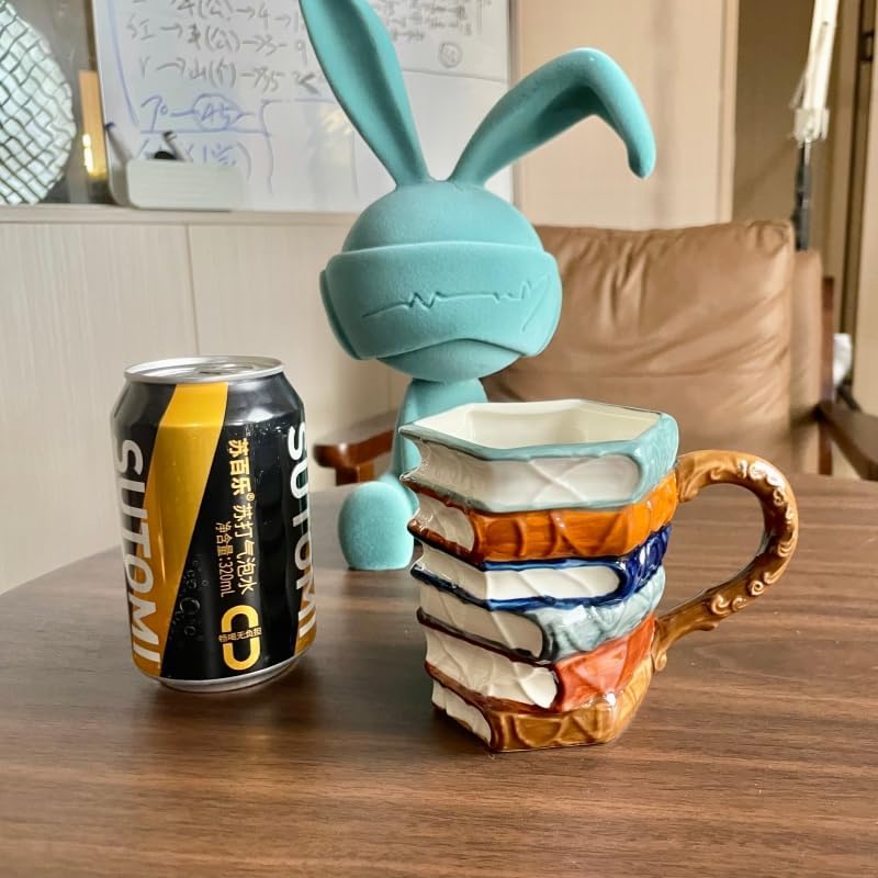 3D Painted Book Stack Coffee Mug, Hand Painted Ceramic Cup with Ornate Handle, Novelty Book Lover Gift, Multicolor Design (classic)