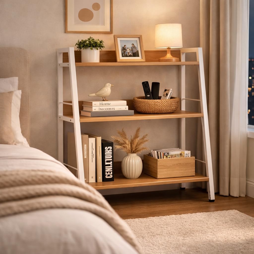 Kitchen Shelf, 3 Tier Ladder Shelf, Freestanding Book Shelf and Kitchen Storage Shelf Organizer, Wood and Metal Display Shelf for Living Room, Kitchen, Bedroom, Office (White, 3 Tier)