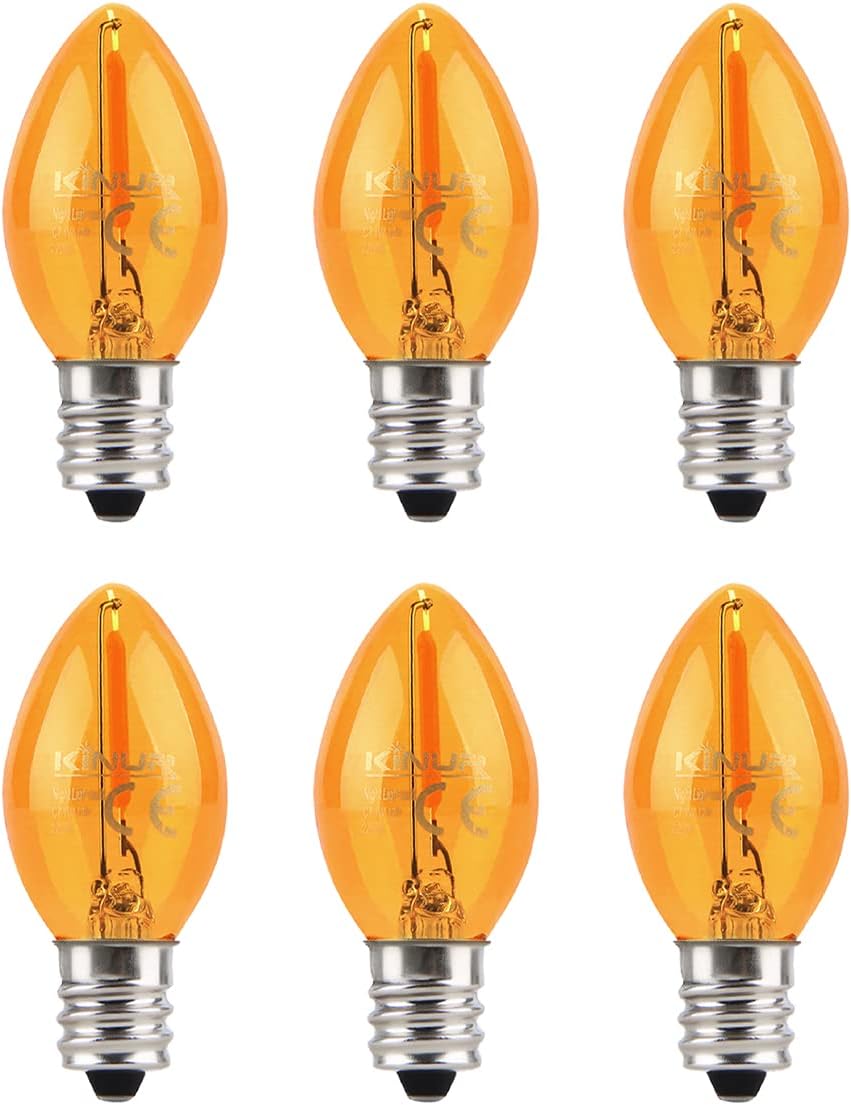 KINUR Night Light Bulbs, C7 LED Bulbs E12 Candelabra Base Amber 2200K, 1 Watt Equivalent 10W Incandescent Bulb, Salt Lamp and Window Candles & Chandeliers Replacement Bulb 6 Pack (6, Amber)