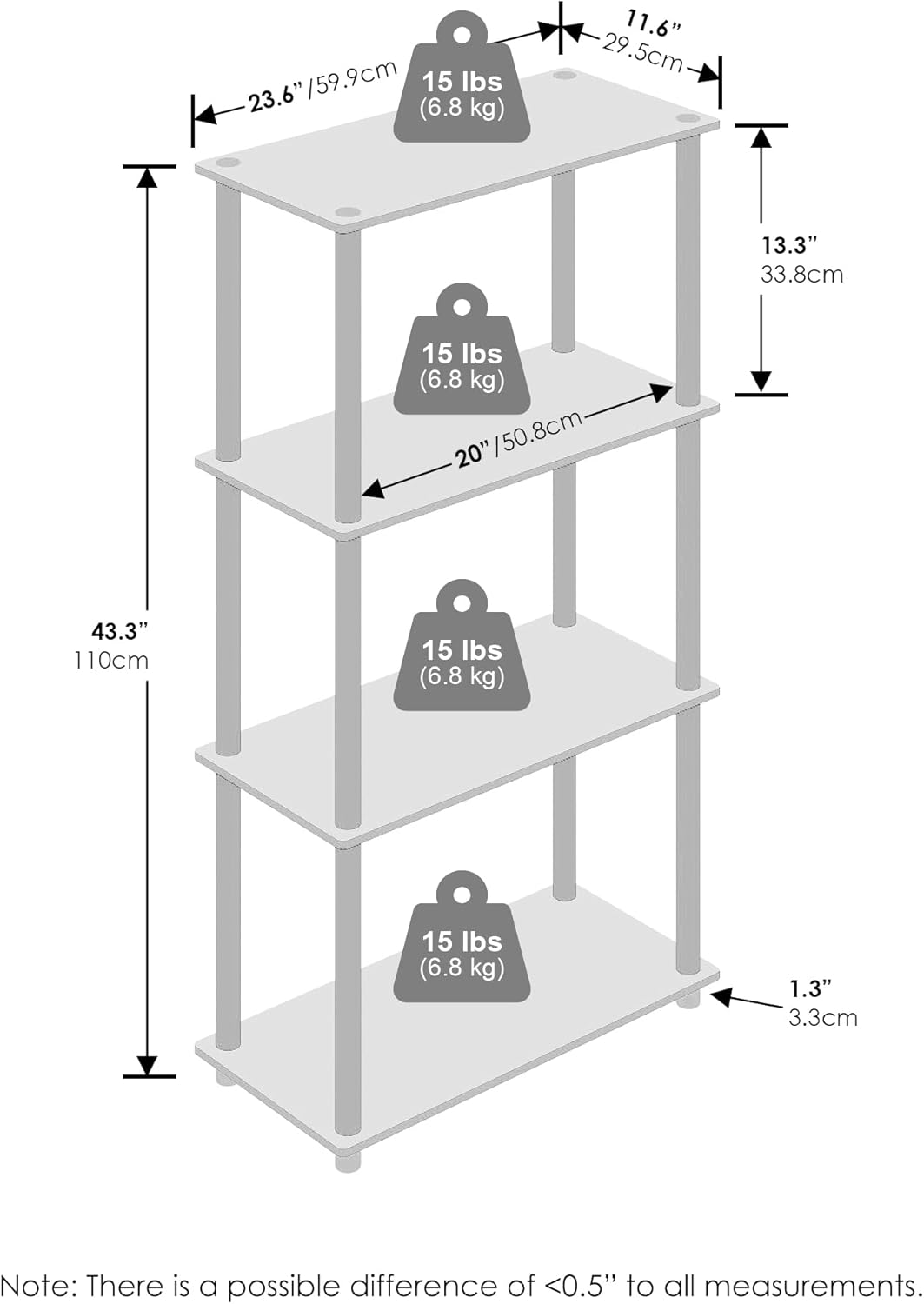 Furinno Turn-N-Tube Book Shelf, 4-Tier Bookshelf, Bookcase with Multipurpose Compact Display Rack, 11.6 x 23.6 x 43.2, for Living Room, Bedroom, Home Office, Columbia Walnut/Black