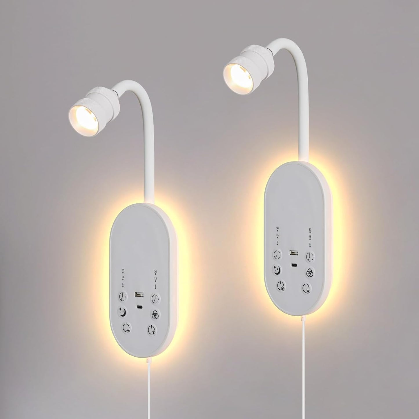 Books Lights for Reading Set of 2, Bedside Wall Mounted Reading Light with 3 Color Temperature & Timers, Touch Control Stepless Dimmable Wall Sconces, Flexible Gooseneck Bed Lights for headboard