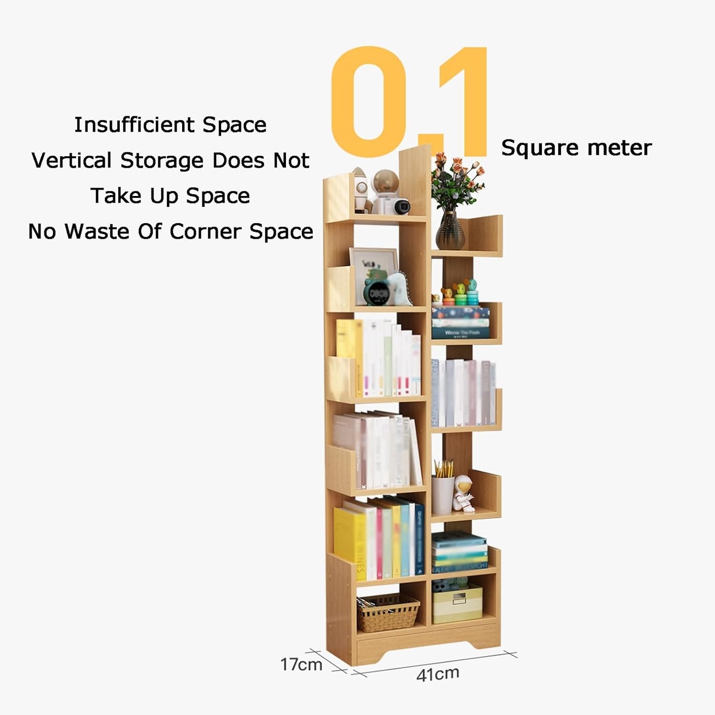 Tree-Shaped Bookshelf, Vertical Book Organizer with 7/9/11 Tiers, Space-Saving Bookcase for Living Room & Bedroom, Modern White Design (41x17x118cm)