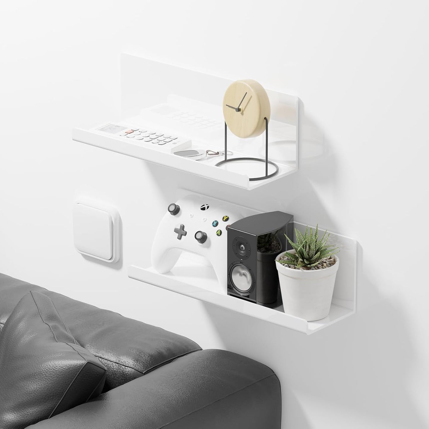 Acrylic Wall Floating Shelves Set of 2, Wall Shelves White 12 Inch Adhesive Wall Organizer Adhesive Shelf for Bathroom, Kitchen, Bedroom, Office, Gaming Room, No Damage, No Drill