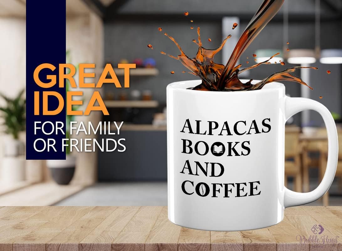 Book Lovers Coffee Mug 11oz White - Alpacas Books And Coffee - Animal Lovers Caffeine Addict Bookworm Readers Novel Camelid Mammal Llamas
