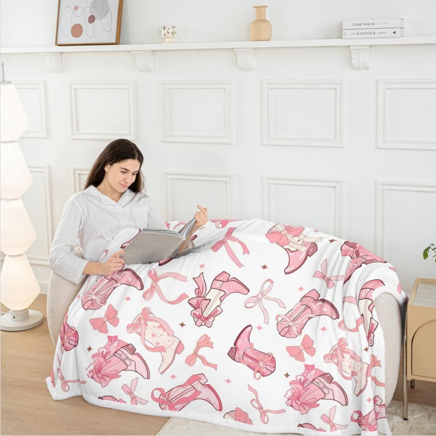 Cowgirl Throw Blanket,Western Cowboy Boots Pink Bowknots Fleece Blanket for Bedroom Dreamy Fairy Tale Princess Starry Pink White Soft Blanket for All Seasons,Baby (30 x 40 Inches)
