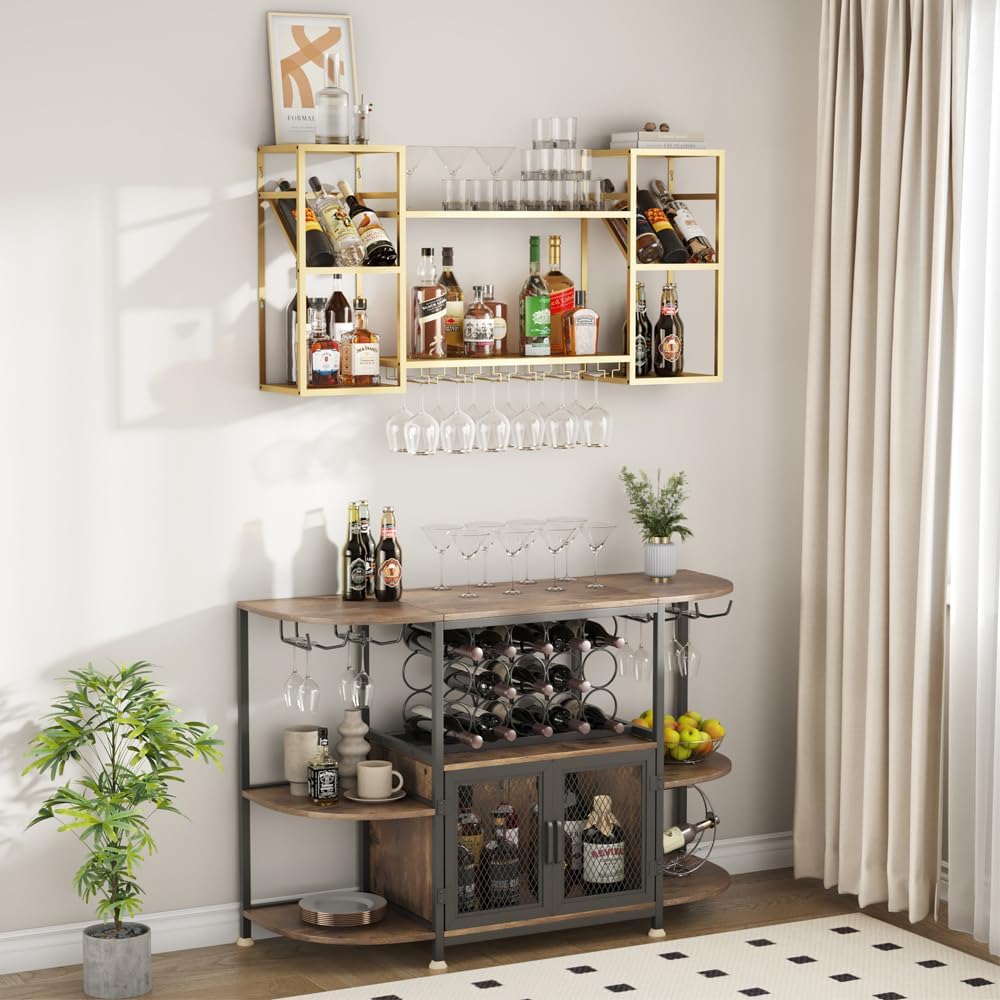 Metal Floating Bar Liquor Shelves 2 Tier, Wall Mounted Wine Rack with Glass Holder Storage, Wall Bar Shelf Wine Display Storage Holder for Kitchen Dining Room Bar (Gold)