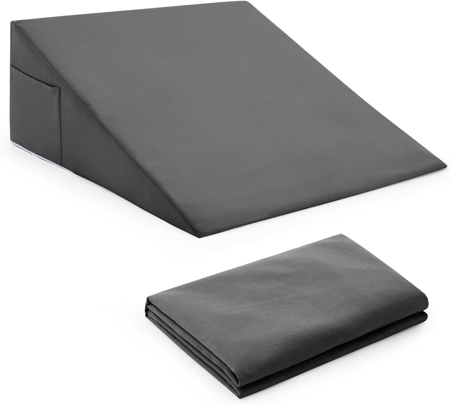 Horbaunal Dark Grey Bed Wedge Pillow Cover with Zipper Design, Wedge Pillowcase Protector with Side Pocket for Storage, 24" L x 24" W x 12" H(Pillow Not Include)