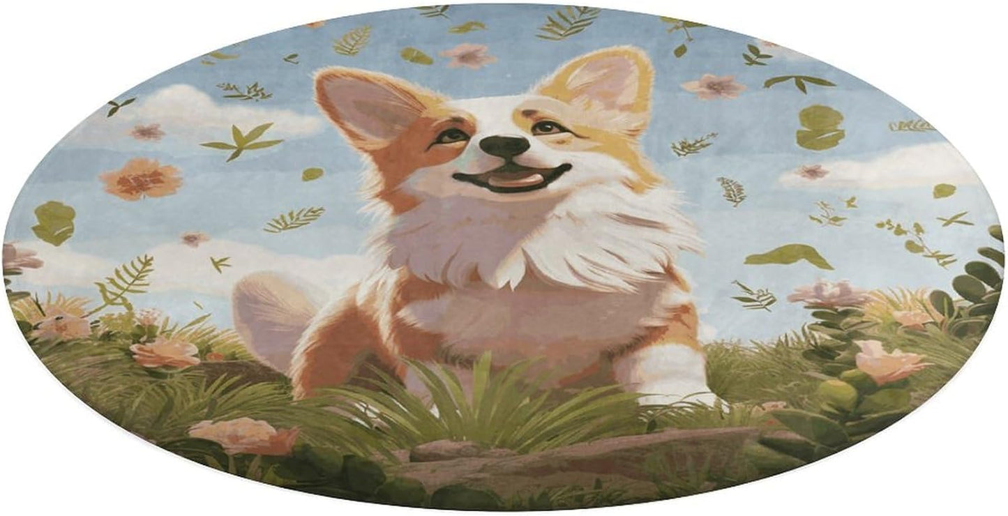 Lovely Corgi Circle Rug Retro Luxury Coral Velvet Floor Mat Non Slip Soft Indoor Floor Carpet Comfy Thickened Area Rugs Modern Aesthetic Minimalist Carpets for Home Decor