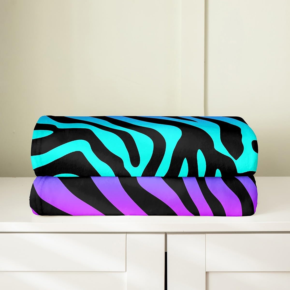 Zebra Stripes Fuzzy Blanket Animal Skin Print Flannel Fleece Throw Blanket for Sofa Couch Abstract Geometric Ultra Soft Bed Blanket Blue Purple Blanket 90"x90"