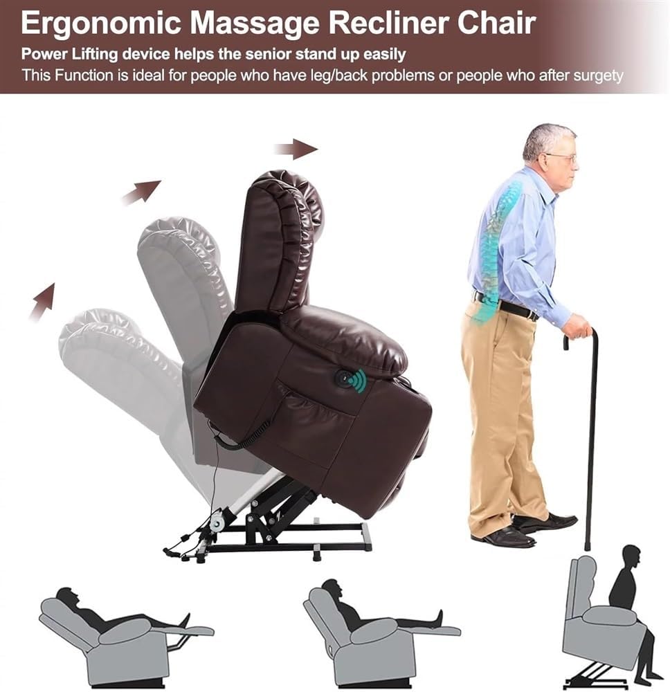 Leather Power Lift Recliner Chair for Elderly with Dual Motor, Massage and Heat, Electric Power Recliner with Adjustable Headrest, USB Ports, Side Pockets & 2 Cup Holders