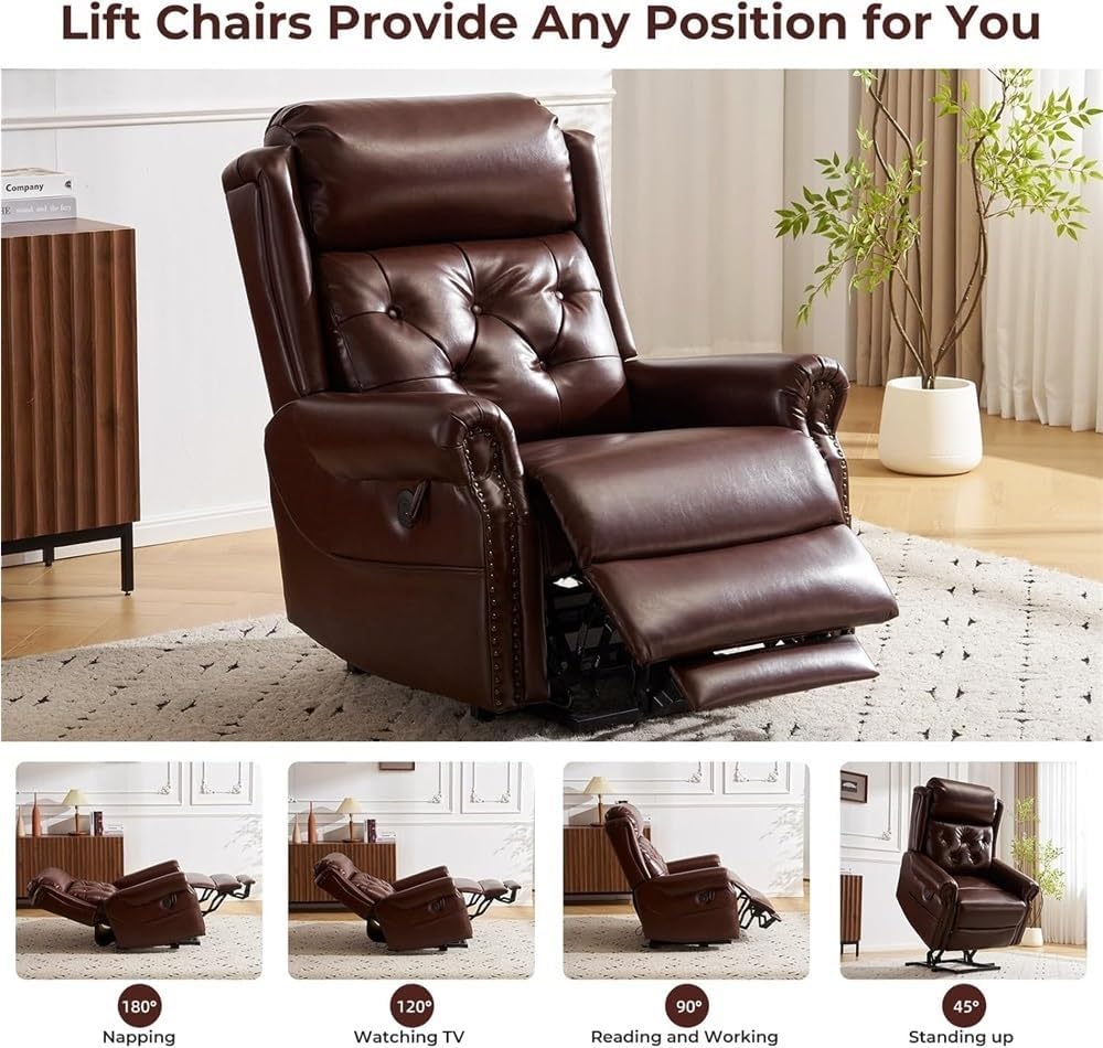 Brown Power Lift Recliner Chair for Elderly with Electric Massage Heat Adjustable Headrest and Lay Flat Reclining Seat Comfortable Upholstered Chair Remote Control Sofa