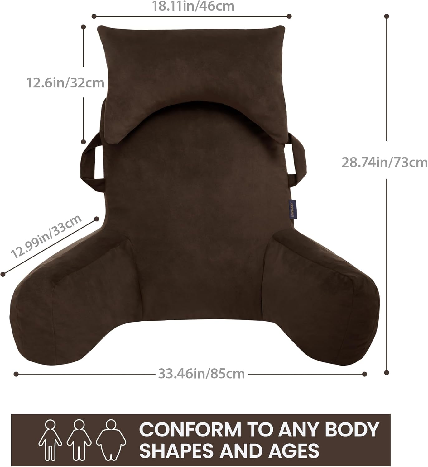 Portable Reading Pillows with Headrest for Bed Sitting Up(Brown Oeko-Tex), Velvet Back Pillow with Arms & Pockets for Adults, Support Memory Foam Bed Pillow for Dorm/Reading/Watching/Gaming