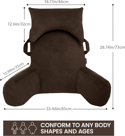 Portable Reading Pillows with Headrest for Bed Sitting Up(Brown Oeko-Tex), Velvet Back Pillow with Arms & Pockets for Adults, Support Memory Foam Bed Pillow for Dorm/Reading/Watching/Gaming
