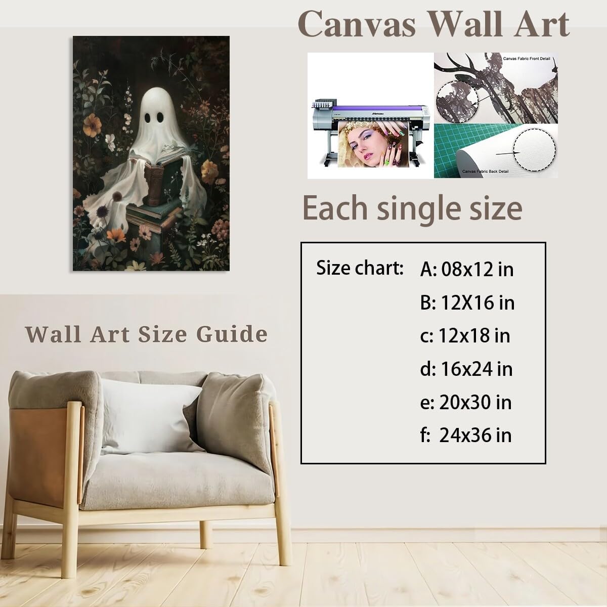 Medpol Vintage ghost wall art horror halloween canvas printed matter cute ghost reading books wall decor dark academia goth cottagecore posters for living room Unframed12x16inch