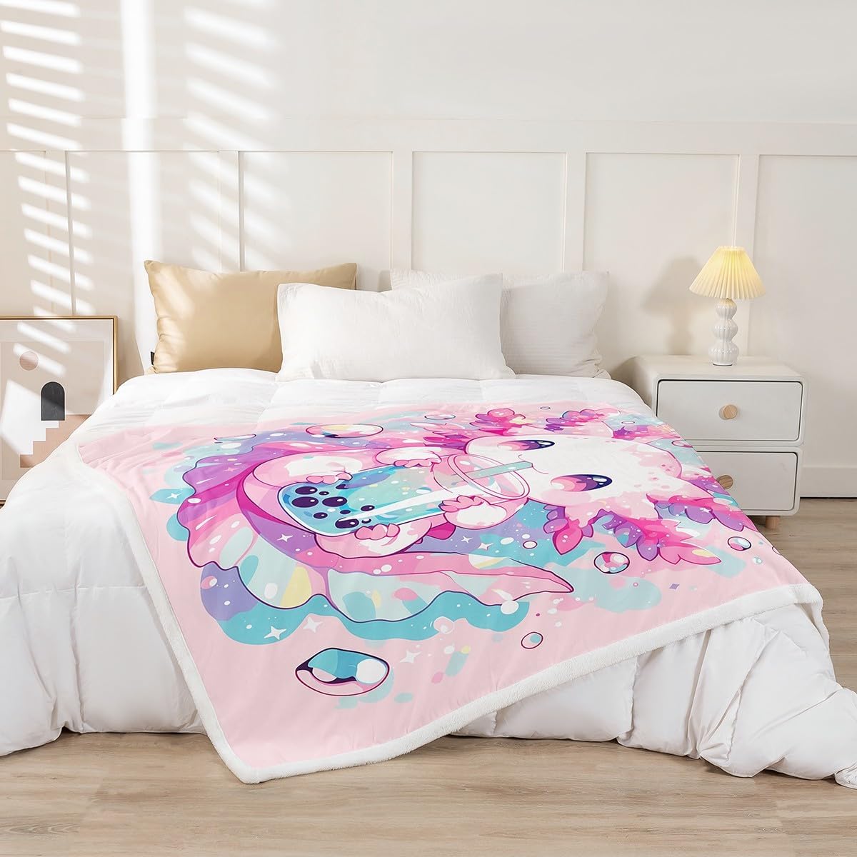 Axolotl Fleece Blanket Cute Salamander Pattern Kawaii Sherpa Blanket 40"X50" Sweet Dessert Milk Tea Throw Blanket Ocean Beach Coastal Flannel Blanket For Kids Girls Decorative Sofa Couch,Pink